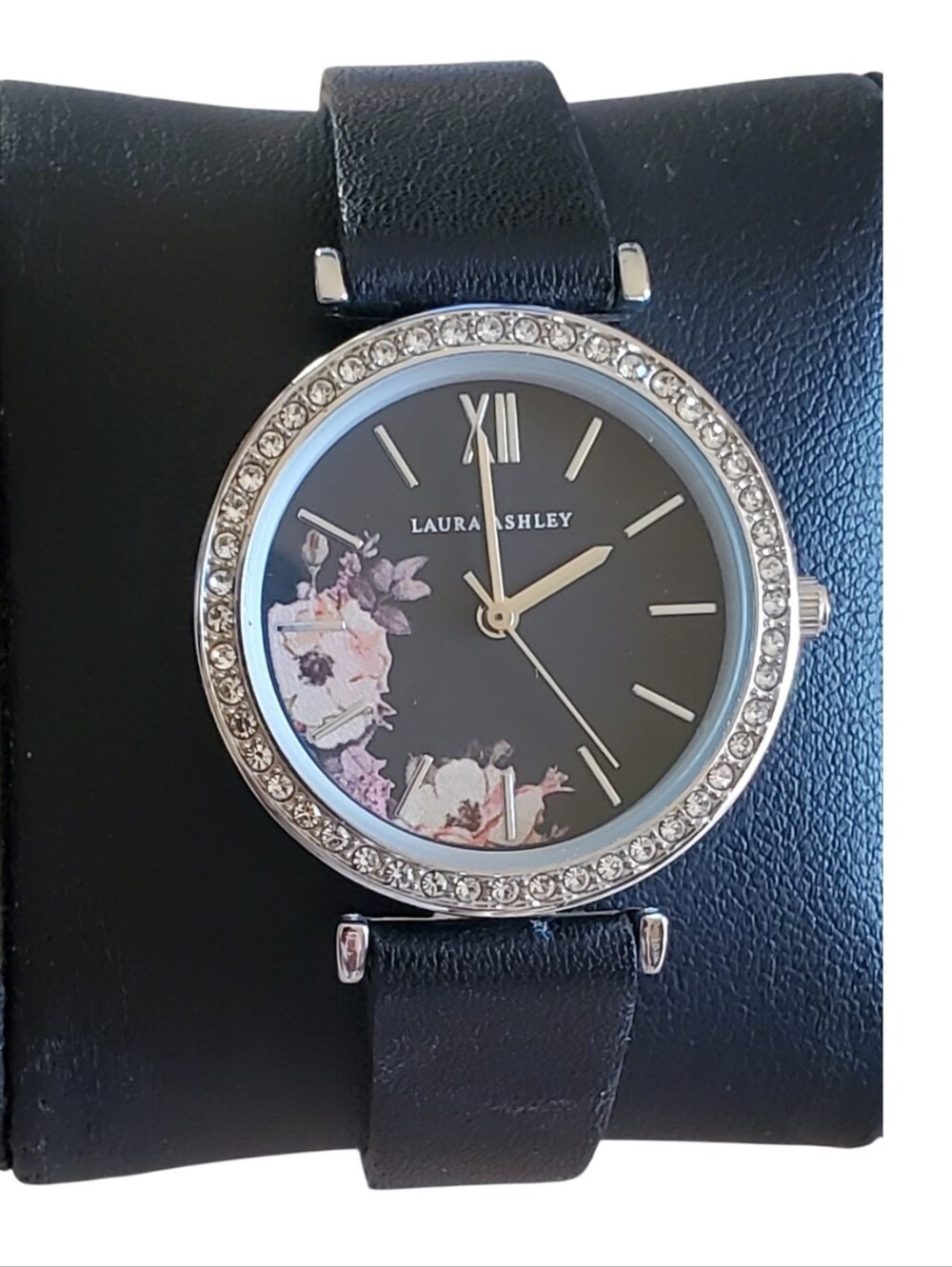 Laura Ashley Black Leather Strap Floral Dial Crystal Bezel Watch